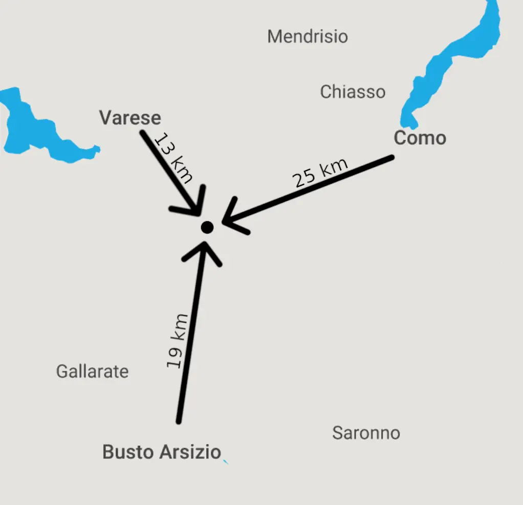 Mappa per arrivare all'Hotel Mici e Amici, con distanza da Varese, Busto Arsizio e Como